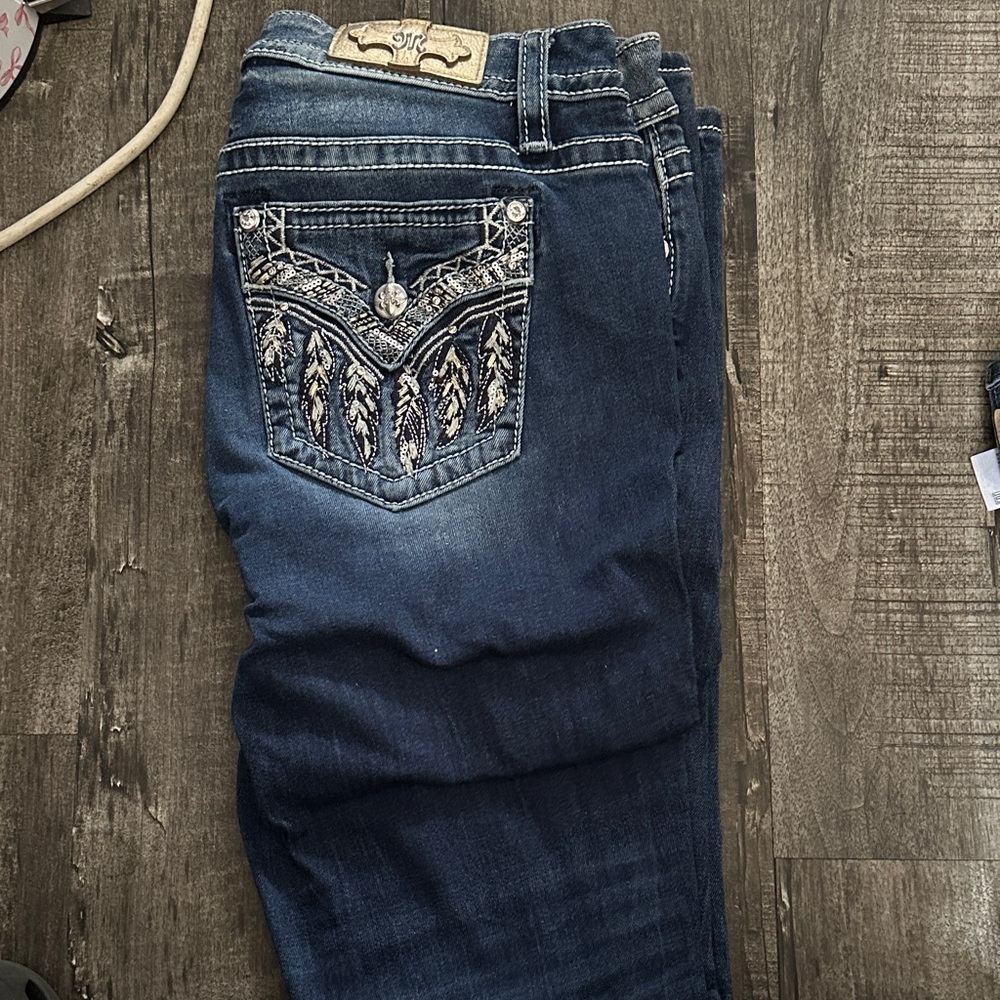 Miss Me Women's Boot Cut Jeans - Dark Blue with White Embroidery